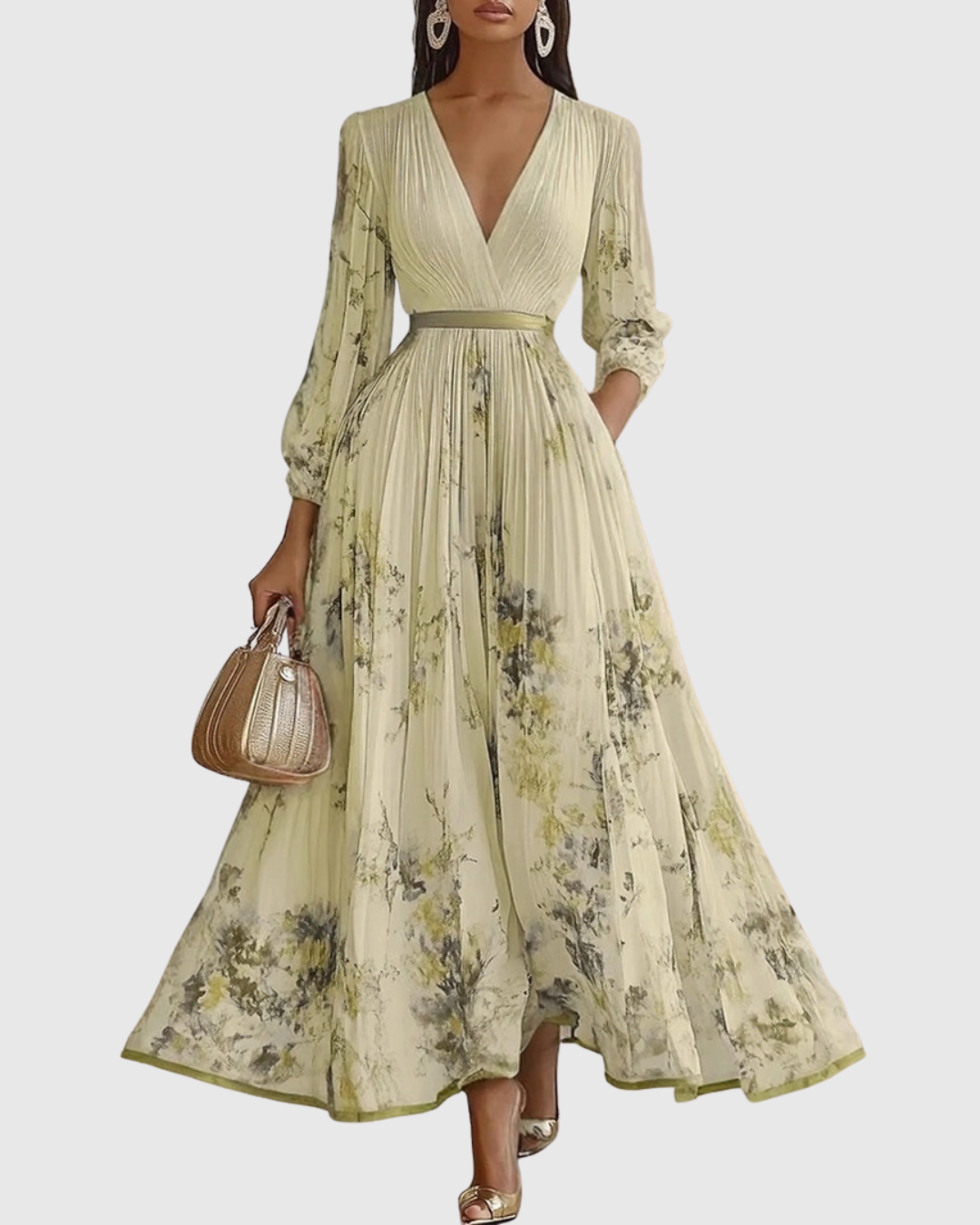 V Neck Pleated Maxi Dress With Ribbon Tie Waist