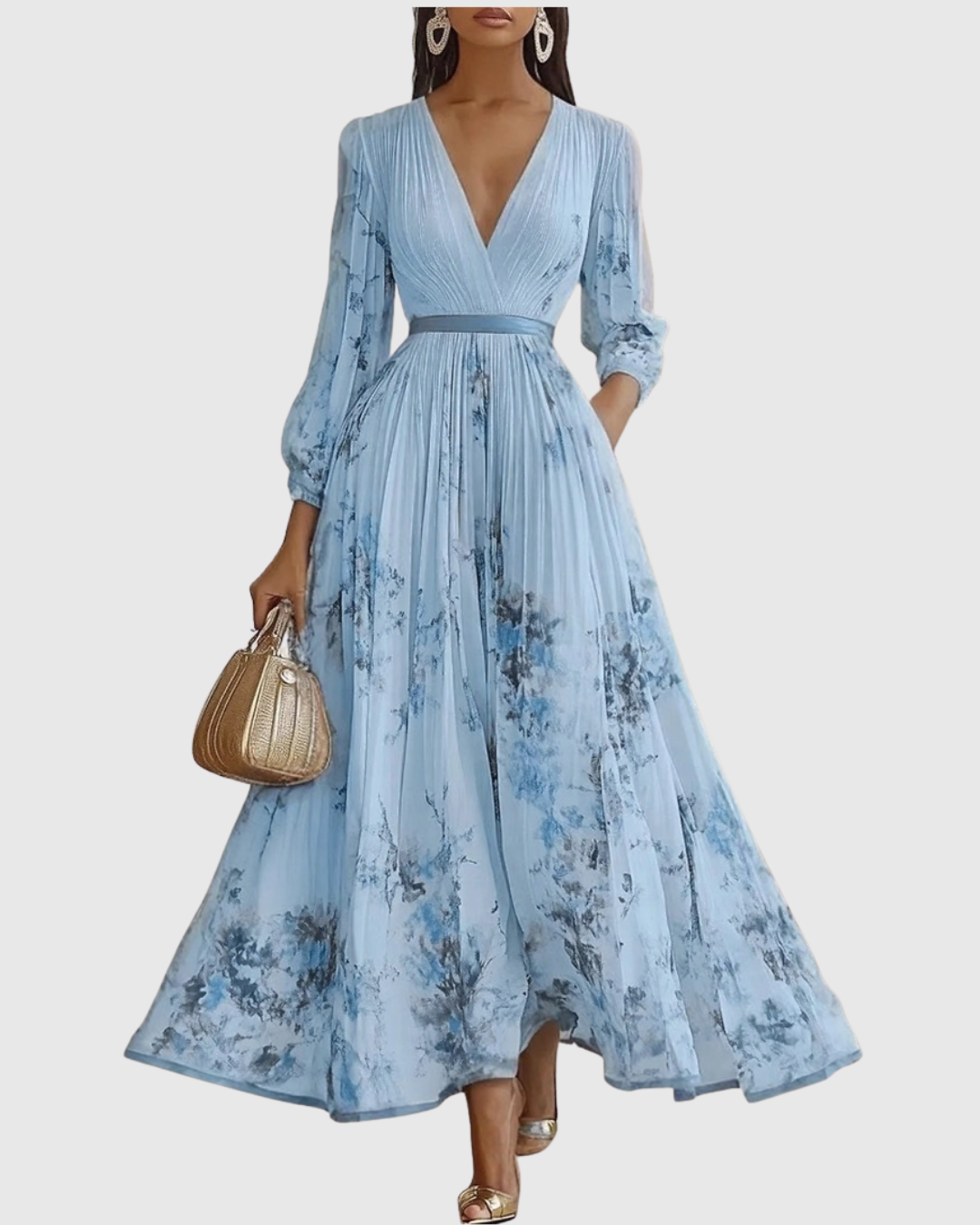 V Neck Pleated Maxi Dress With Ribbon Tie Waist