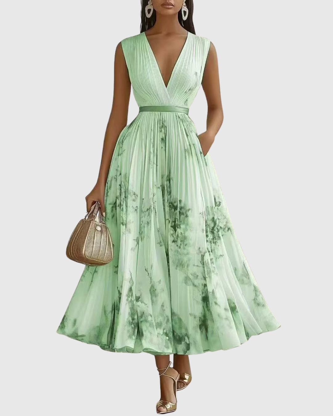 V Neck Pleated Maxi Dress With Ribbon Tie Waist