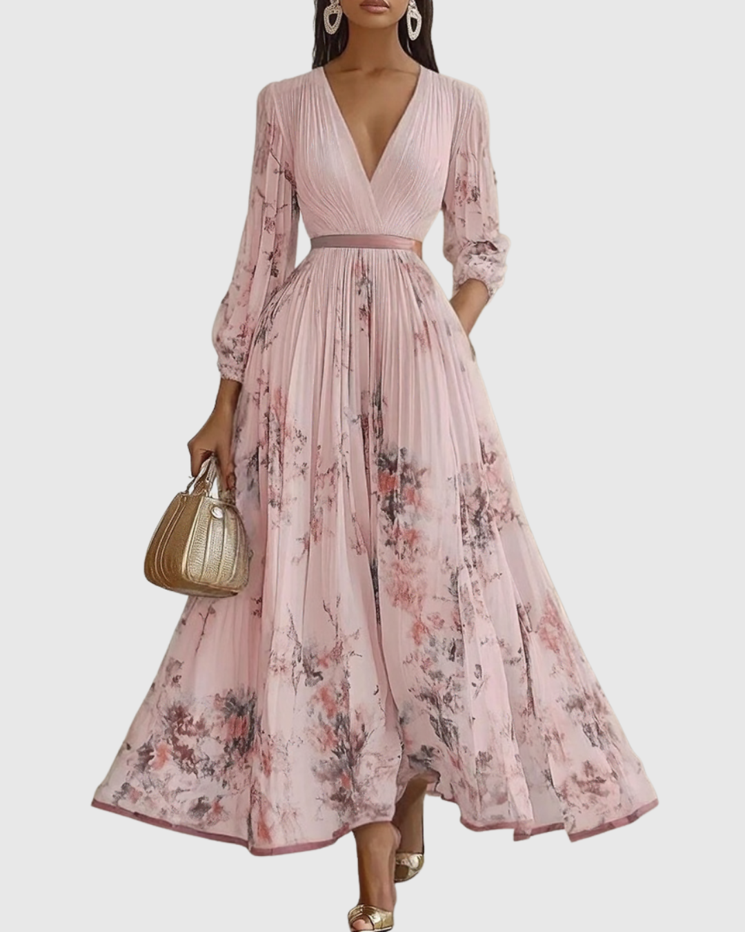 V Neck Pleated Maxi Dress With Ribbon Tie Waist