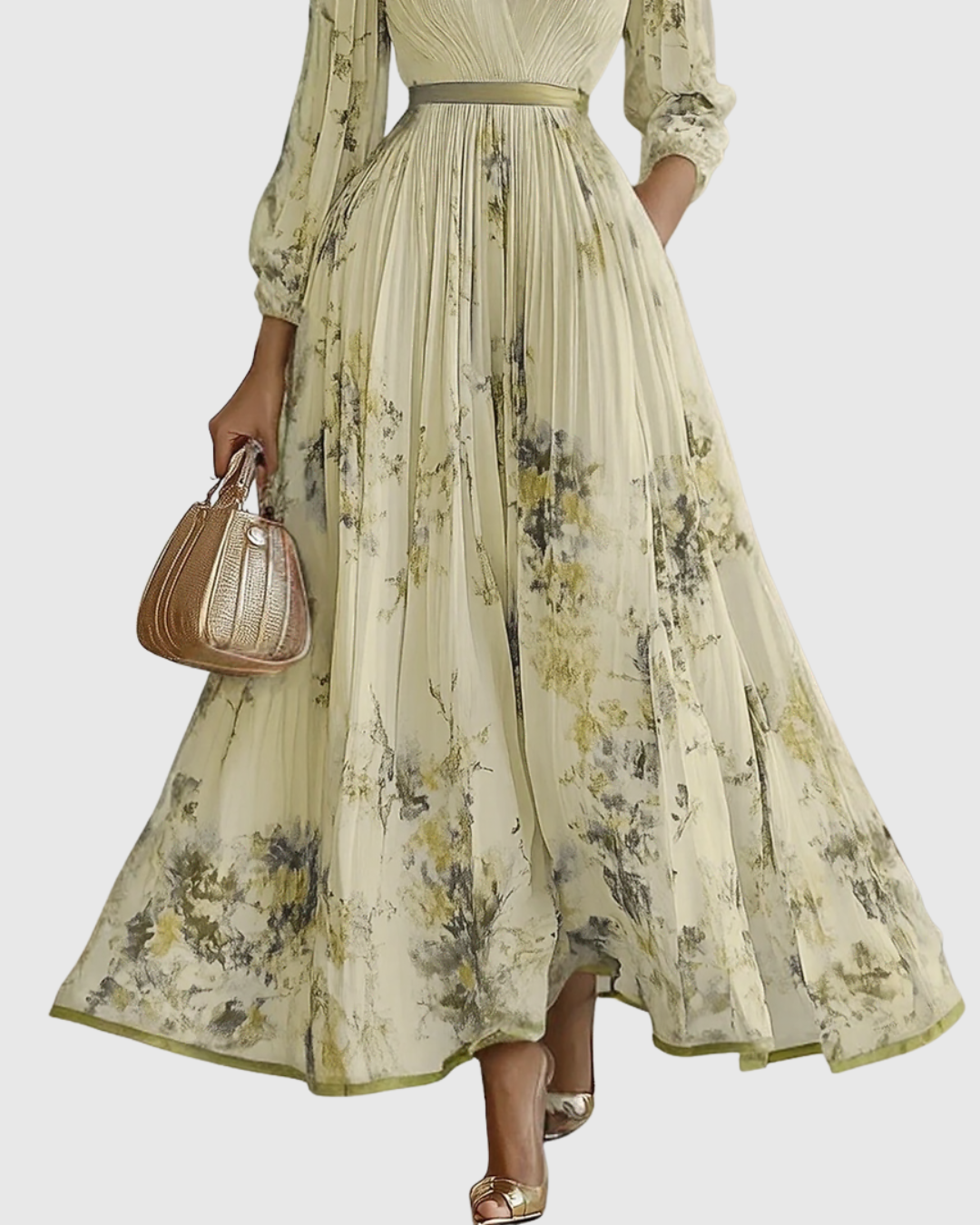 V Neck Pleated Maxi Dress With Ribbon Tie Waist