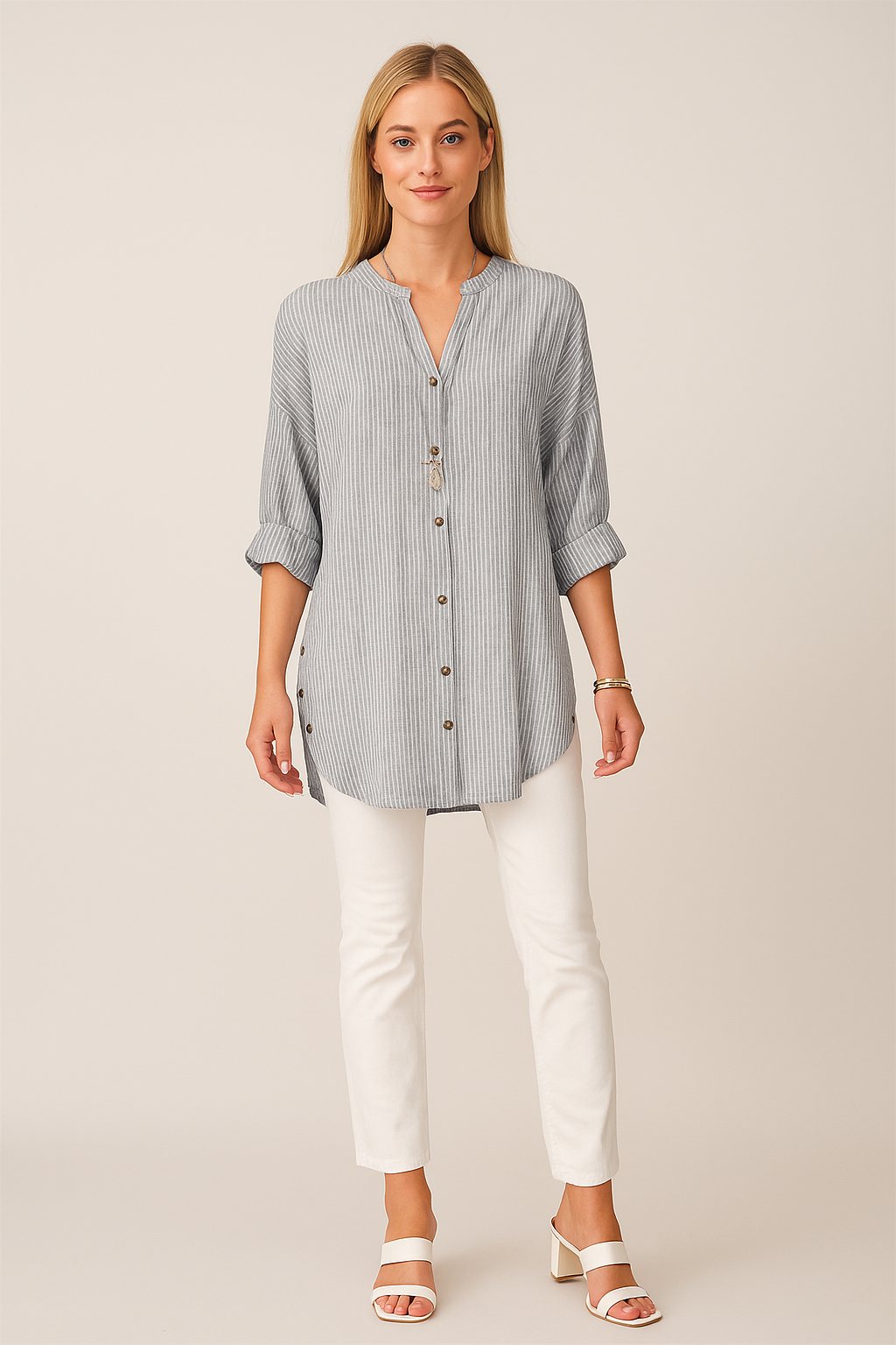 Striped Button Up V Neck Blouse