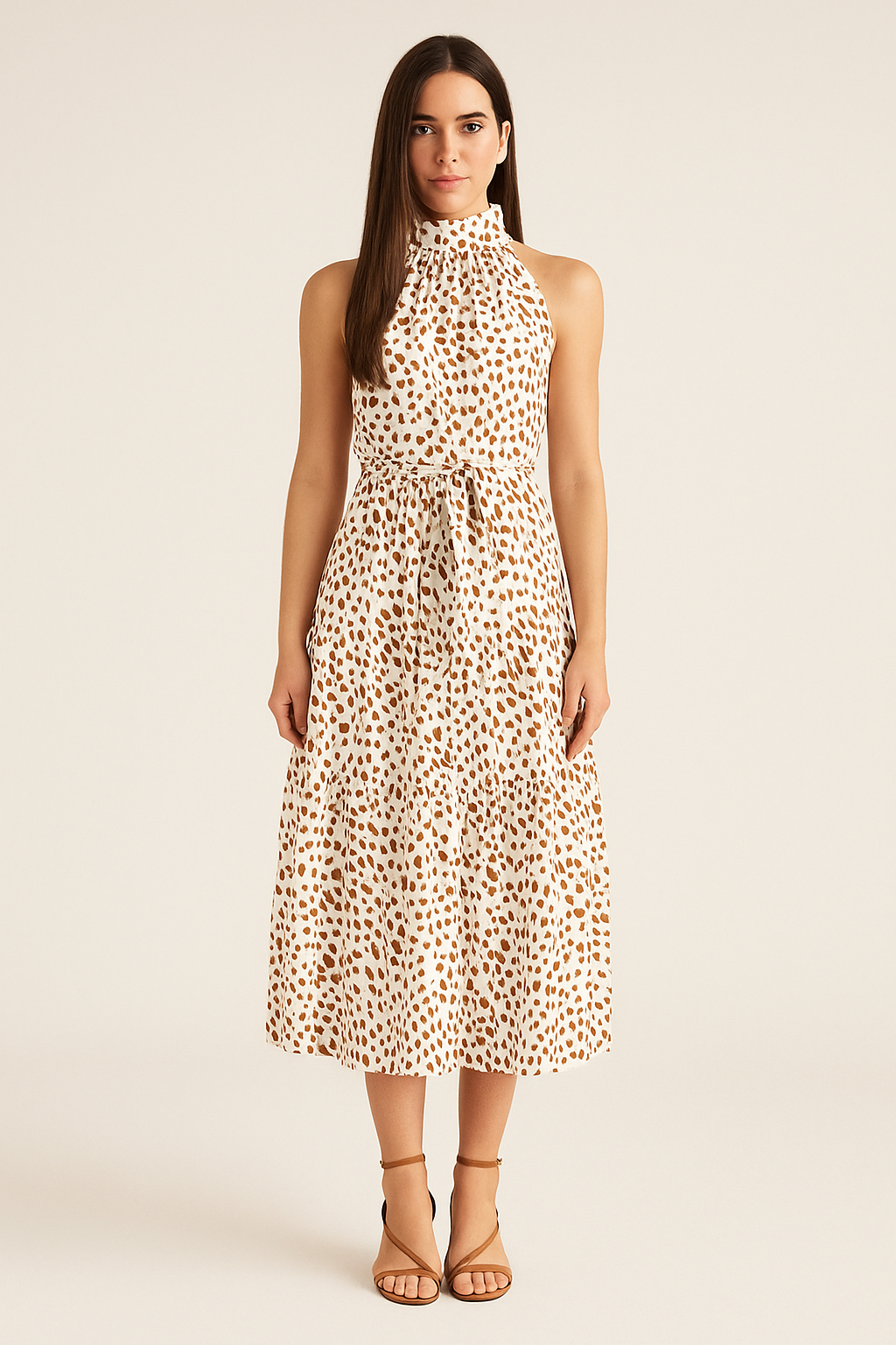 Polka Dot Halter Midi Dress – Fit-and-Flare, Waist Tie