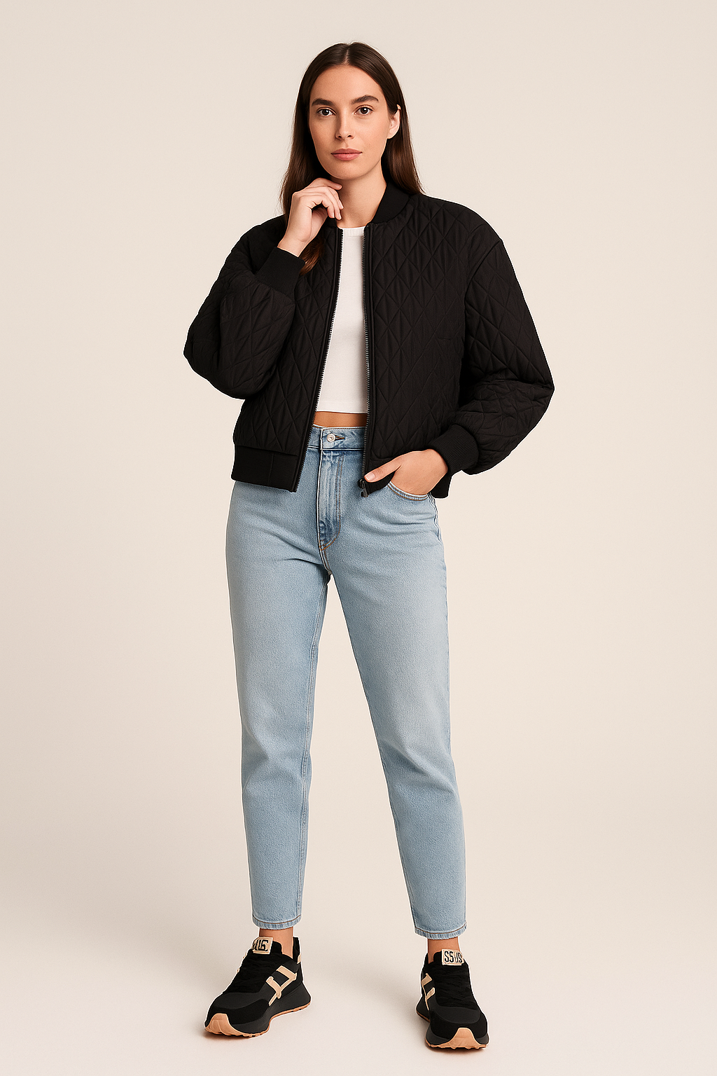 Quilted Bomber with Zip Front and Ribbed Trim