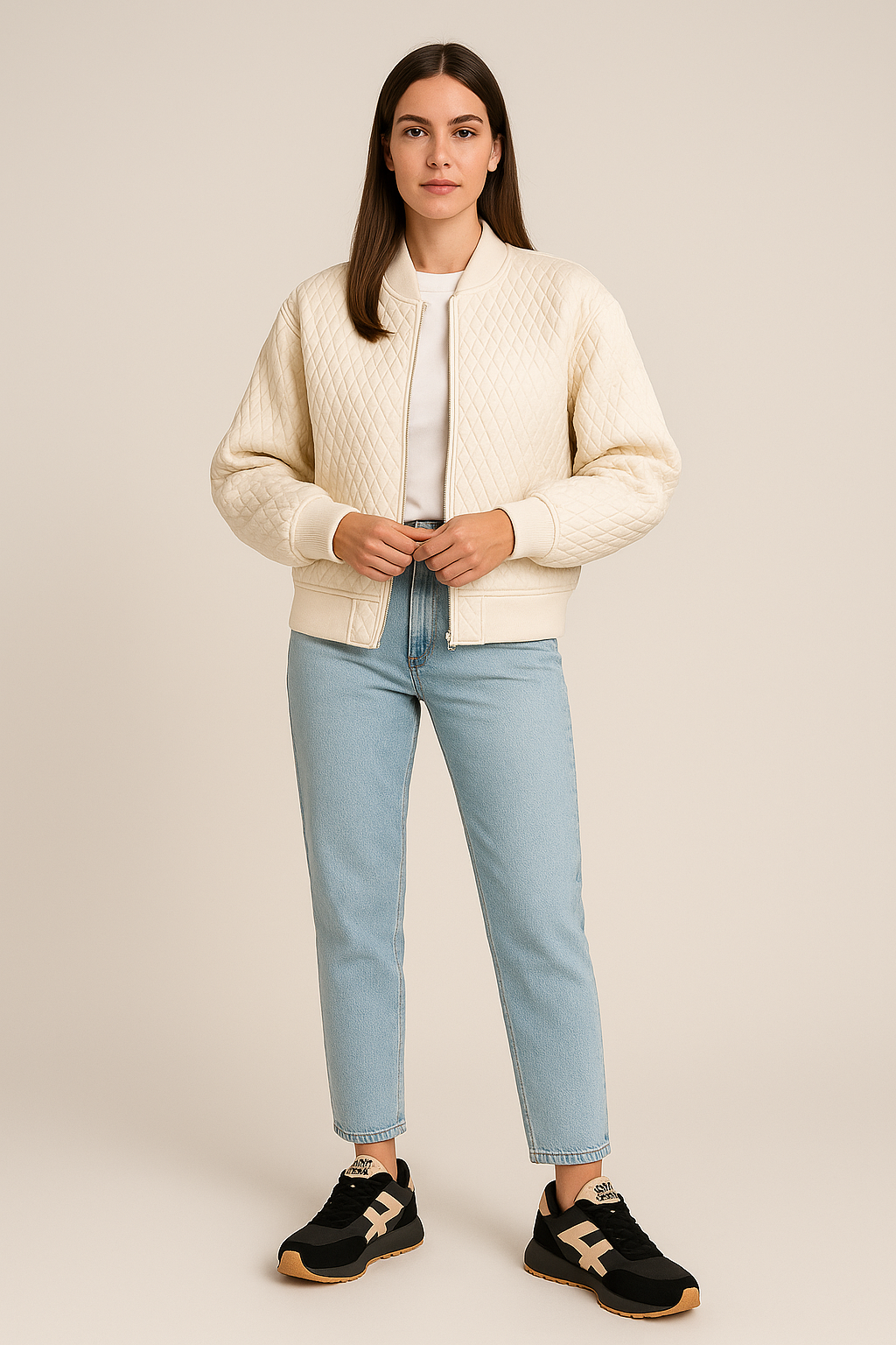 Quilted Bomber with Zip Front and Ribbed Trim