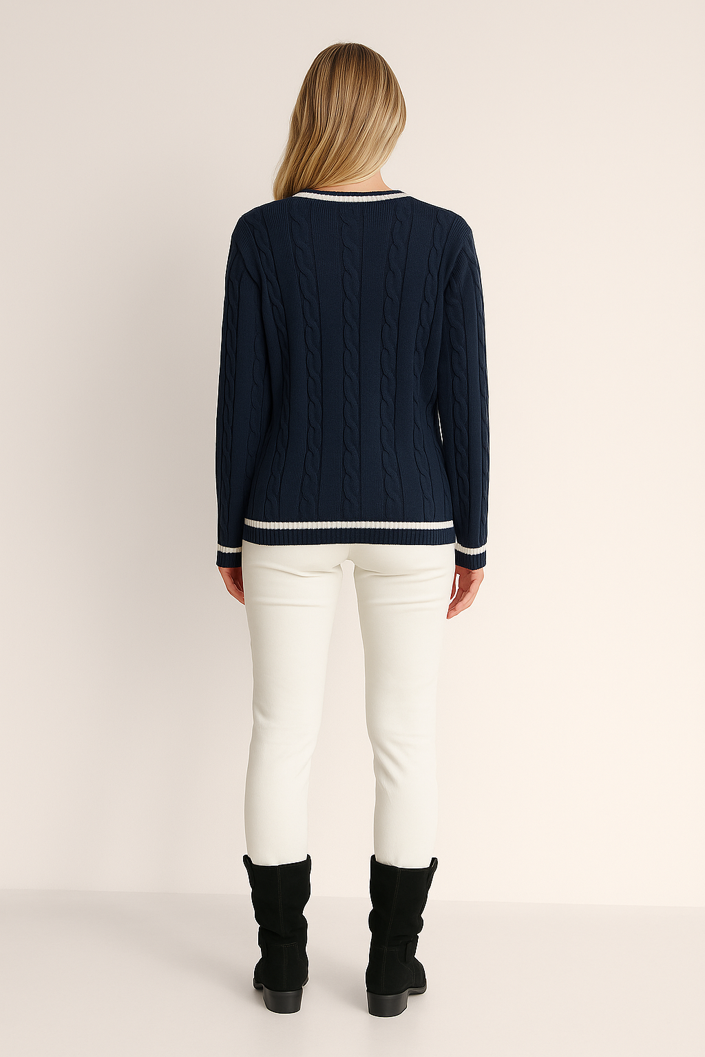 V Neck Cable Knit Sweater Striped Trim Navy