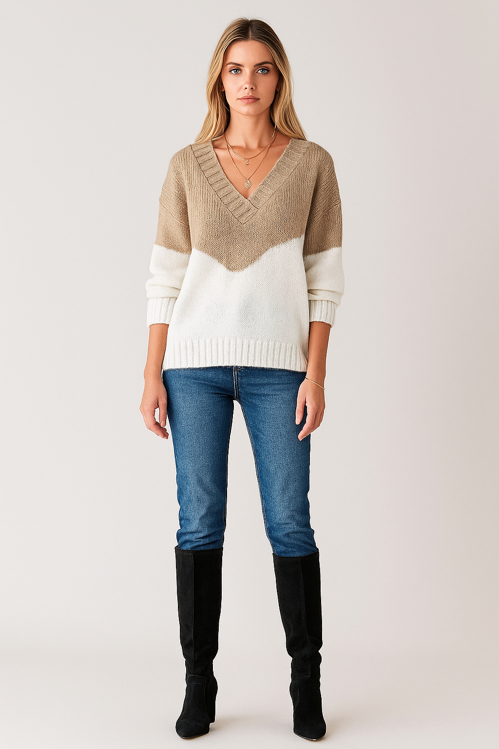 V Neck Color Block Sweater Chevron Relaxed Fit