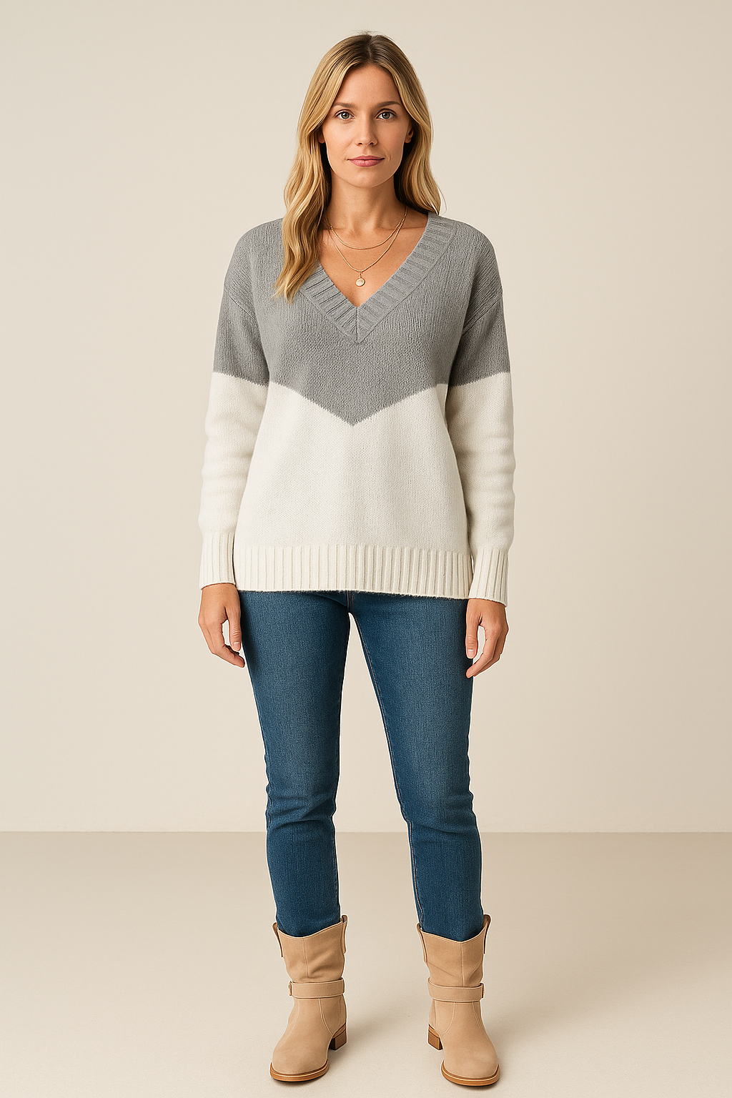 V Neck Color Block Sweater Chevron Relaxed Fit