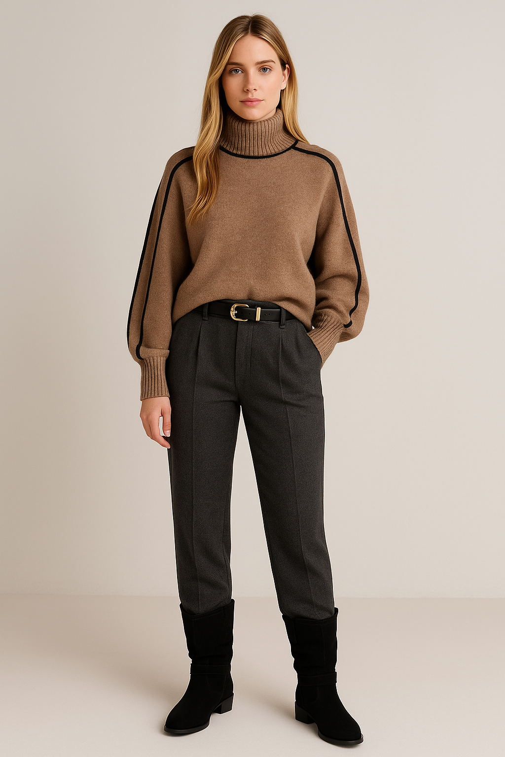 Oversized Turtleneck Sweater Contrast Trim Knit