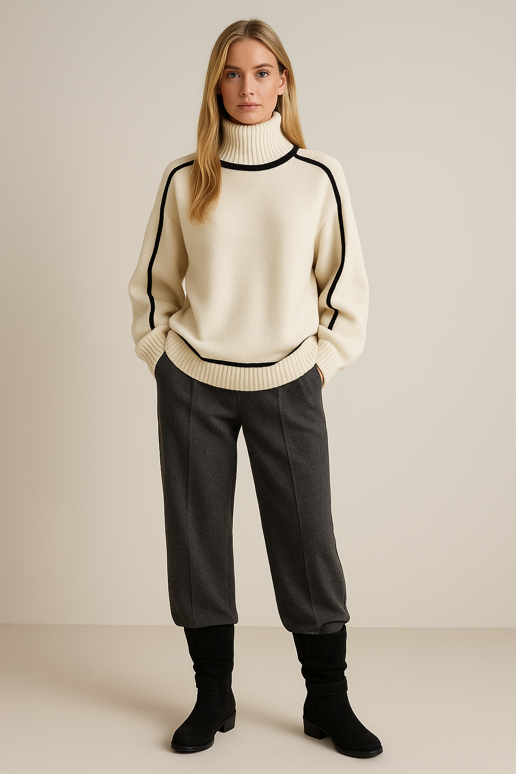 Oversized Turtleneck Sweater Contrast Trim Knit