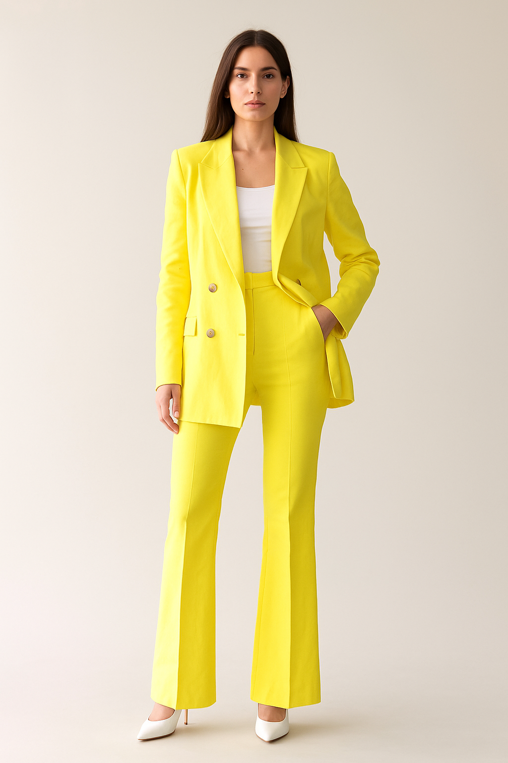 Women’s Double Breasted Suit Gold Button Blazer Flared Pants