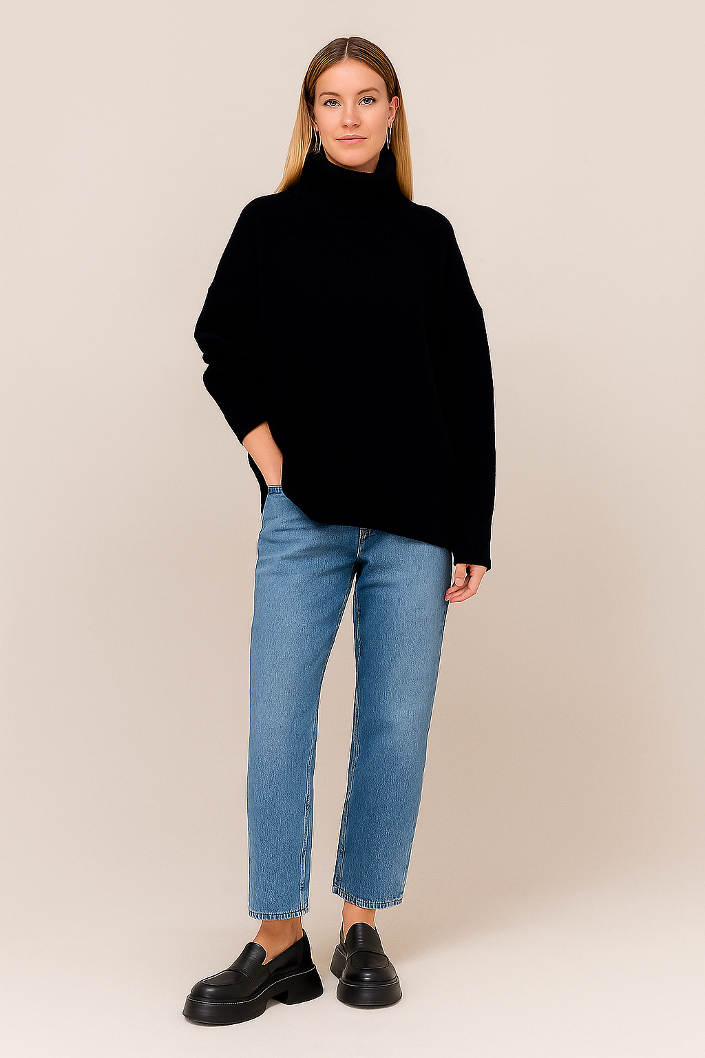 Oversized Turtleneck Elbow Slit Sweater