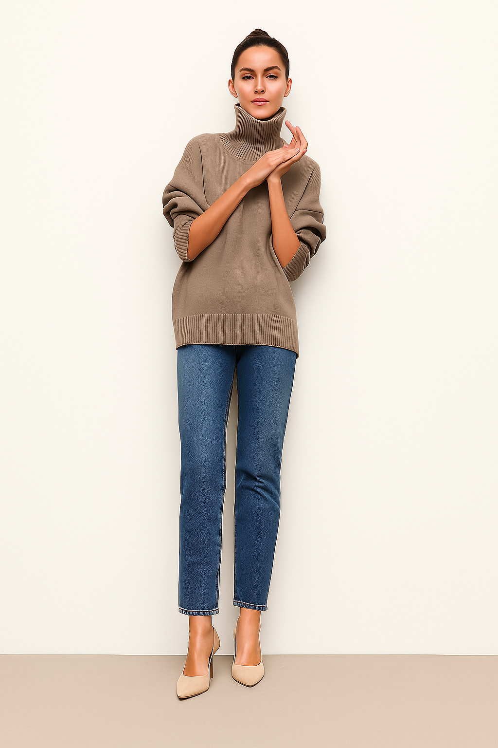 Oversized Turtleneck Elbow Slit Sweater