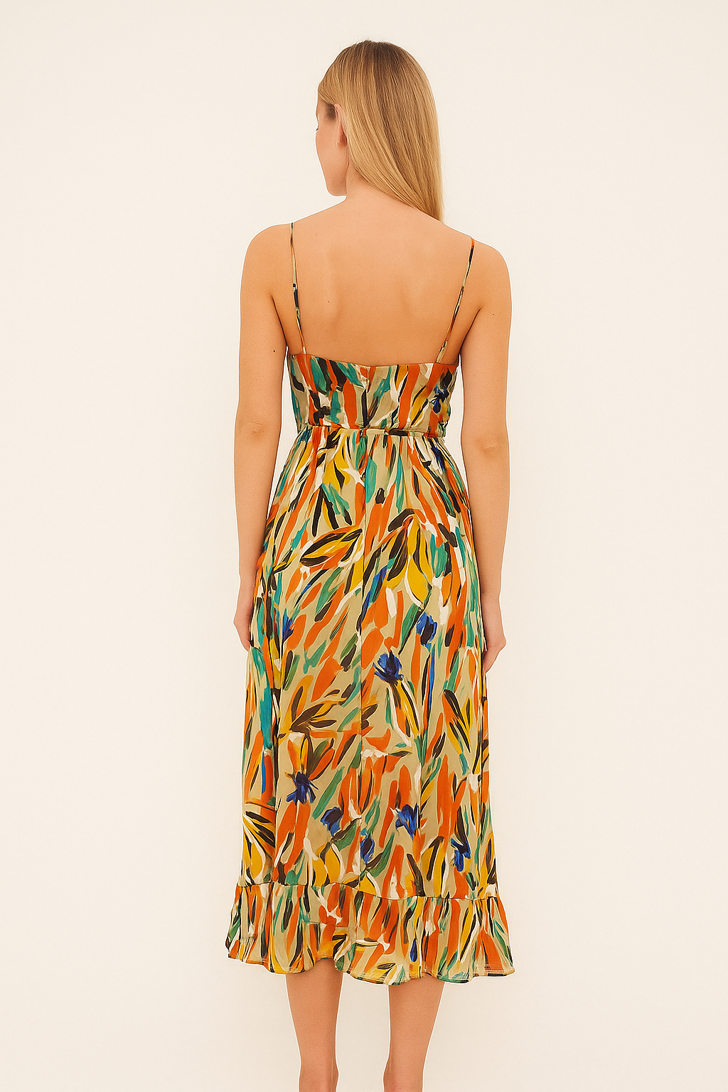 Printed Midi Cami Dress – Sleeveless, V-Neck, Lightweight Woven Fabric