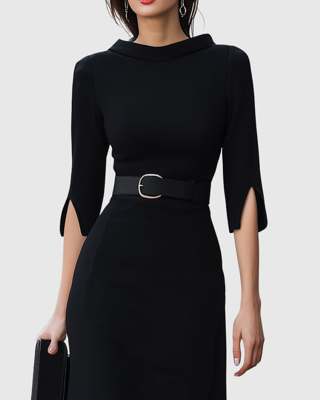 Belted Midi Dress With High Neckline