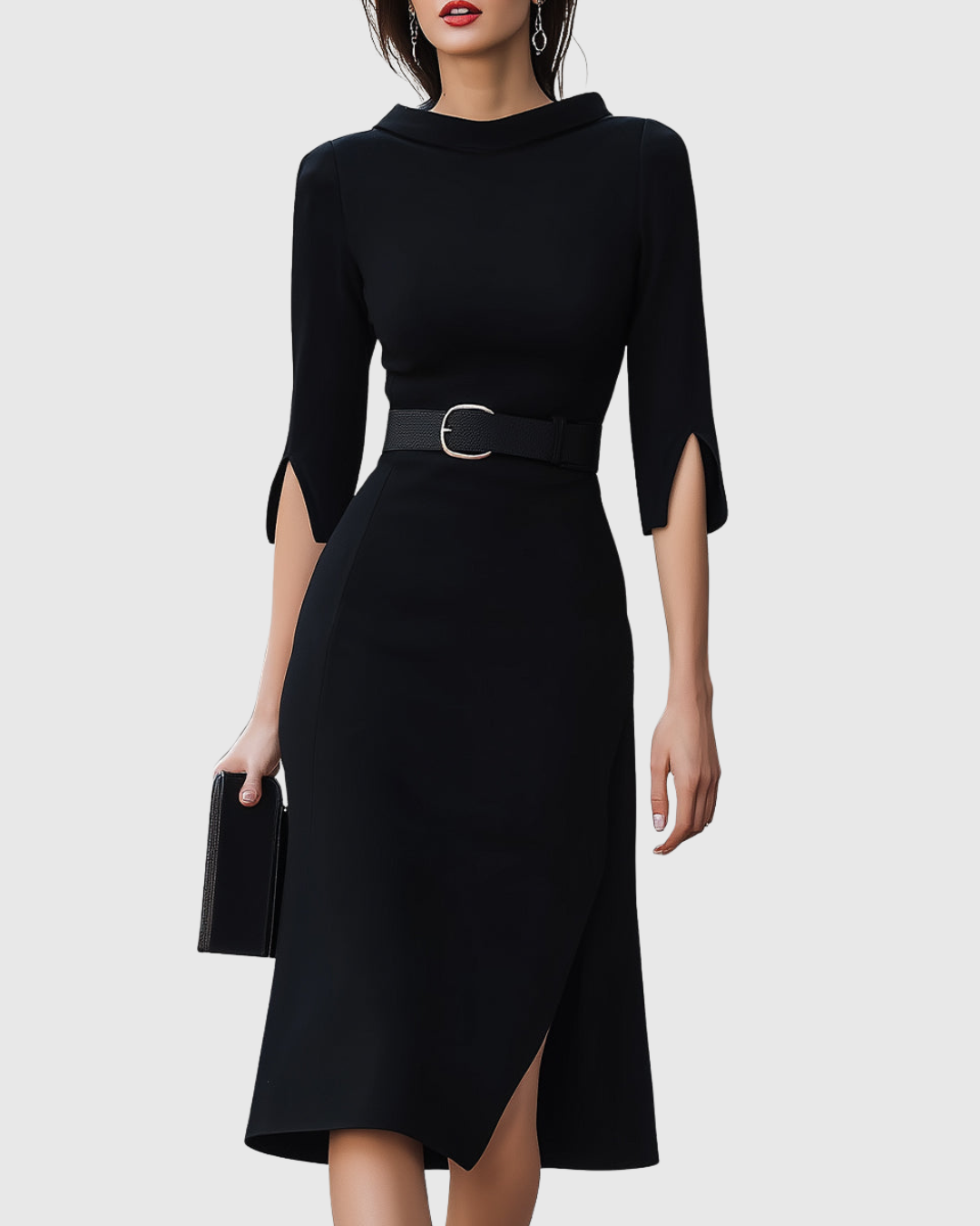 Belted Midi Dress With High Neckline