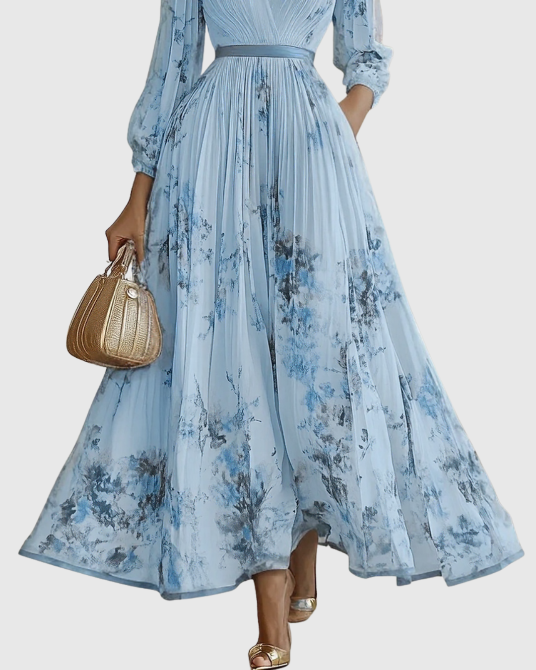 V Neck Pleated Maxi Dress With Ribbon Tie Waist