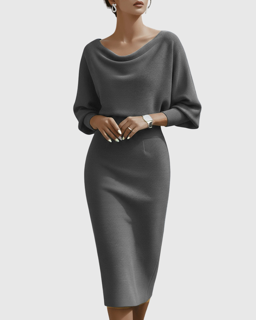 Draped Batwing Midi Dress With Cowl Neckline