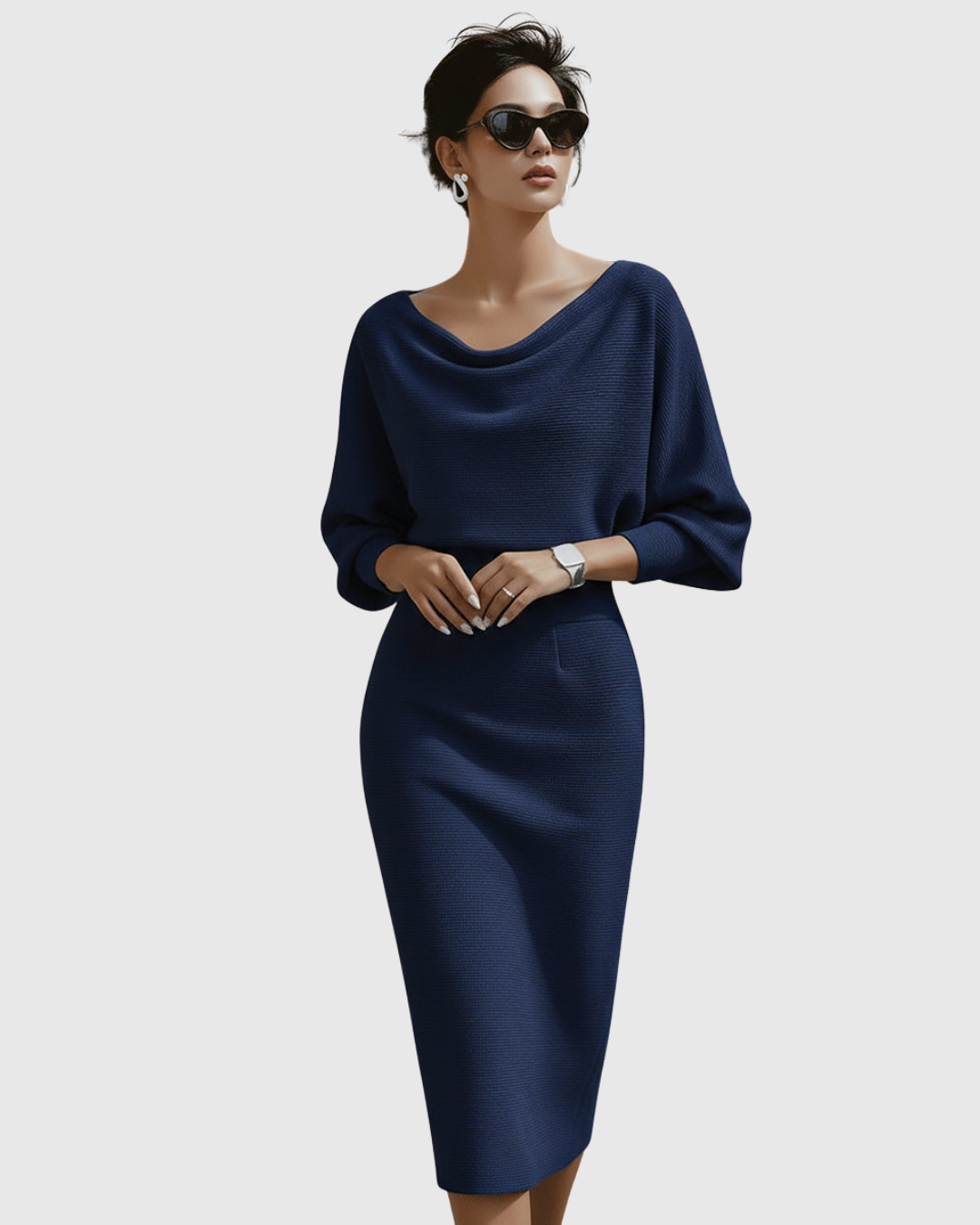 Draped Batwing Midi Dress With Cowl Neckline