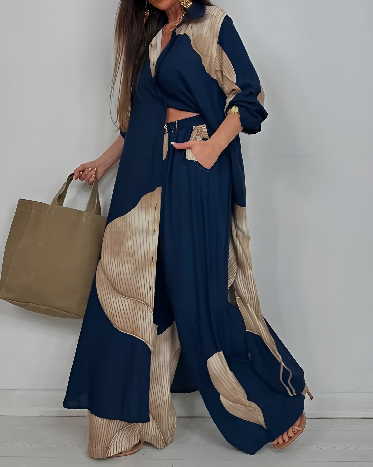 Printed Two Piece Set with Flowing Blouse and Wide Leg Pants