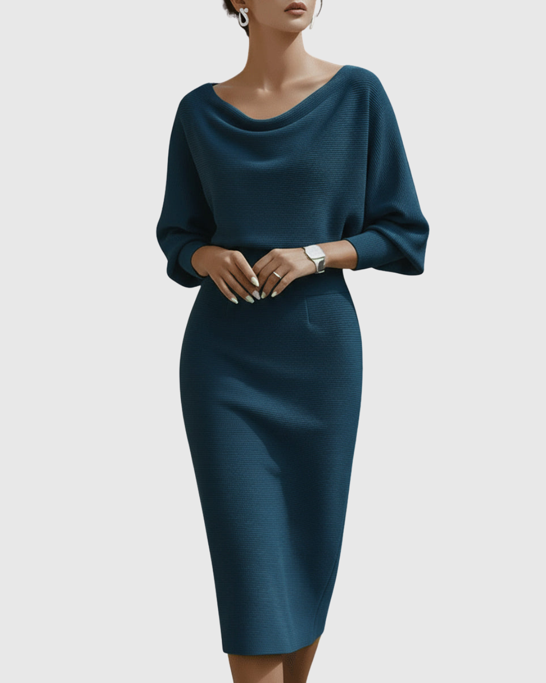Draped Batwing Midi Dress With Cowl Neckline