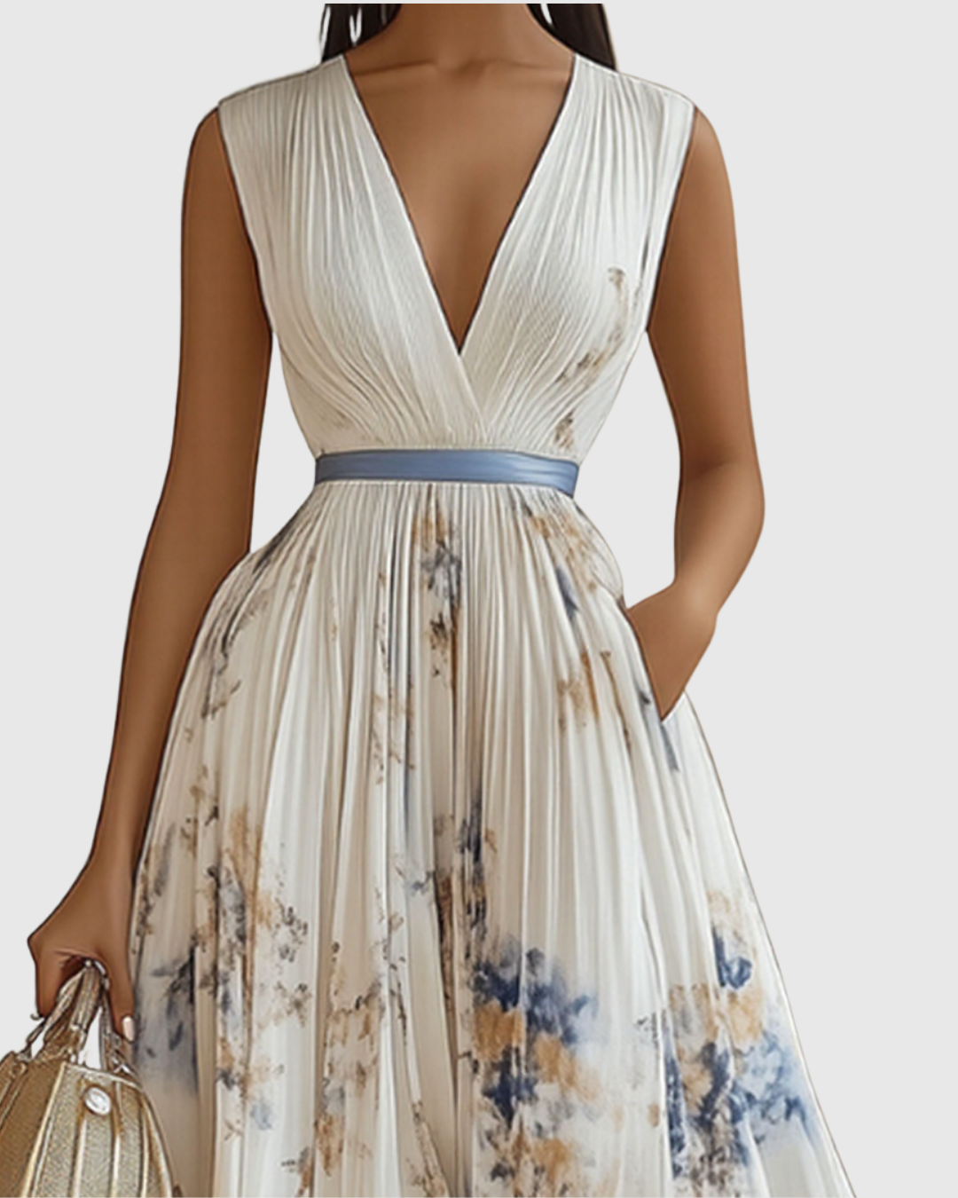 V Neck Pleated Maxi Dress With Ribbon Tie Waist