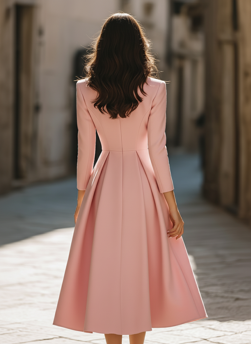Pleated Blazer Midi Dress With Notched Collar