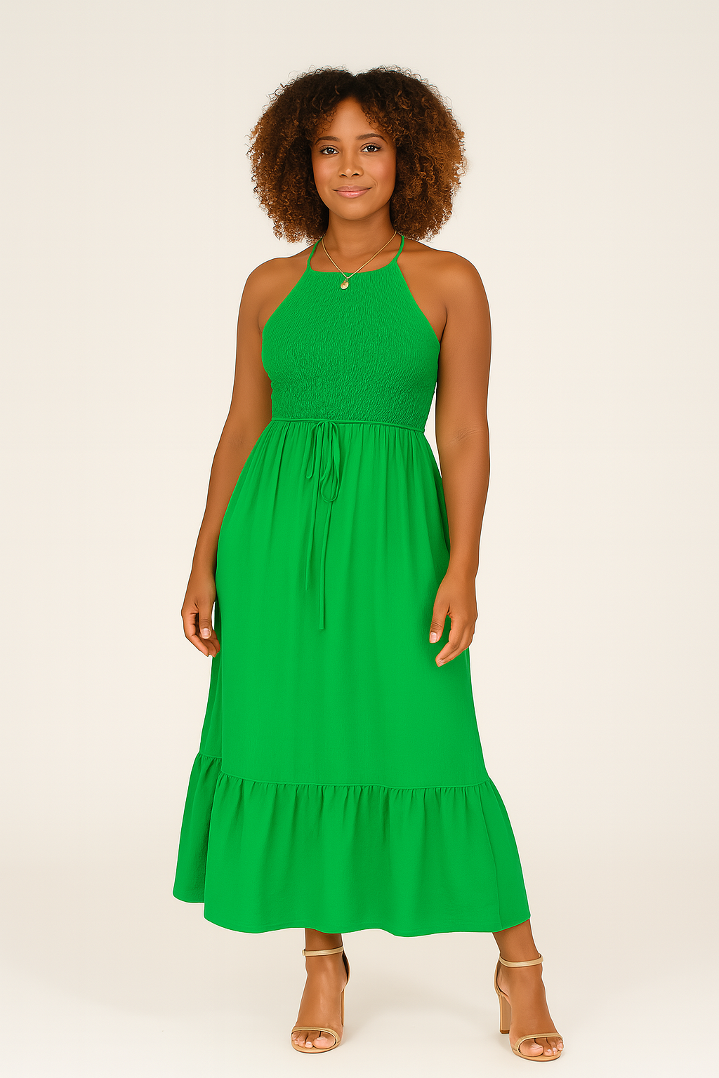 Halter Neck Maxi Dress – Smocked Waist & Ruffle Hem