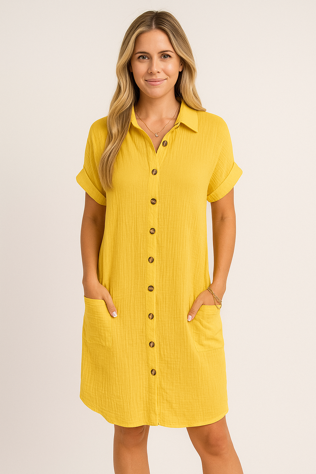 Long V-Neck Blouse – Button-Down Shirt Dress with Pockets