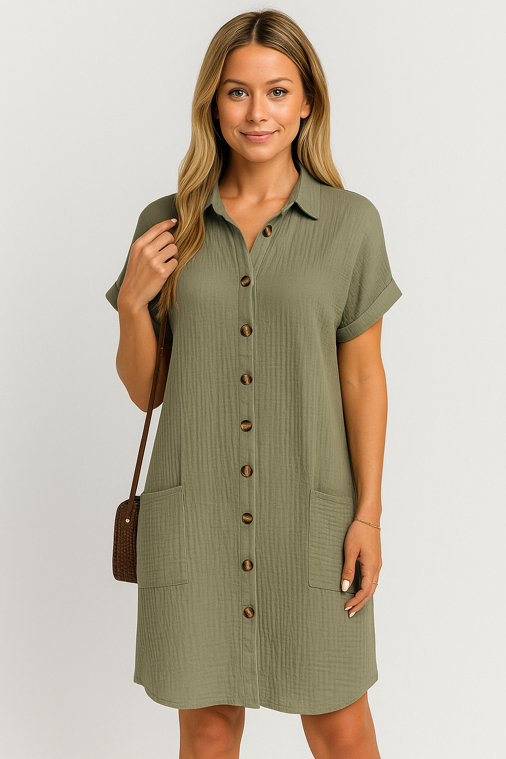 Long V-Neck Blouse – Button-Down Shirt Dress with Pockets