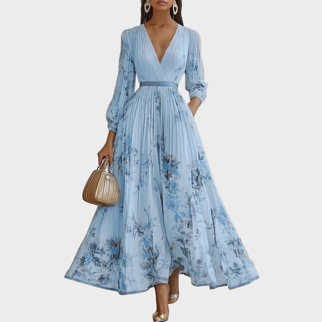 V Neck Pleated Maxi Dress With Ribbon Tie Waist