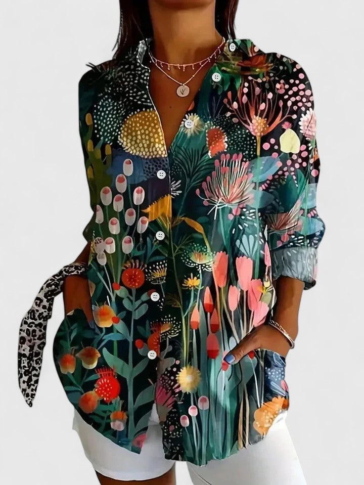 Floral Lapel Collar Long Sleeve Blouse