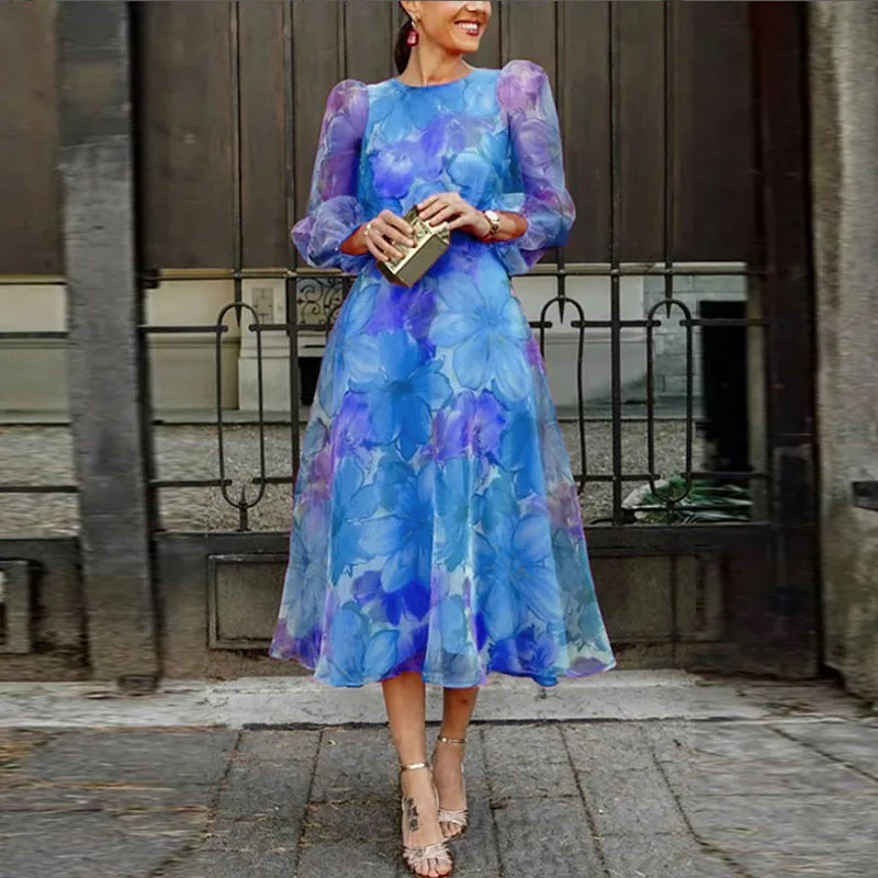 Floral Midi Dress With Sheer Sleeves for Wedding Guests