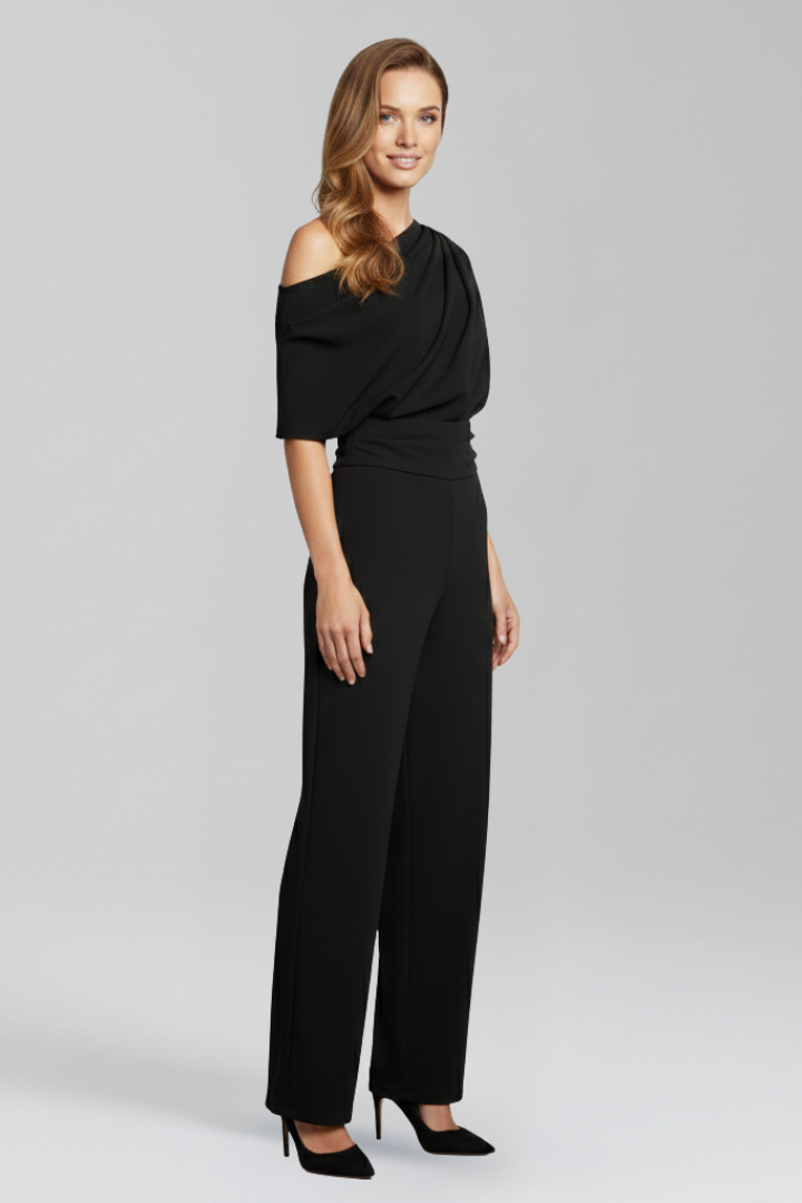 Women’s Asymmetric Neck Jumpsuit with Long Sleeves and Wide Legs