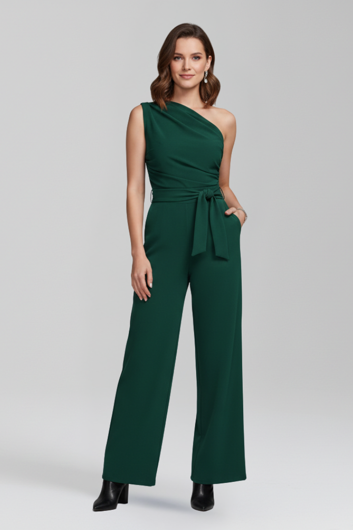 Sleeveless Asymmetric Neckline Wide Leg Jumpsuit with Waist Belt