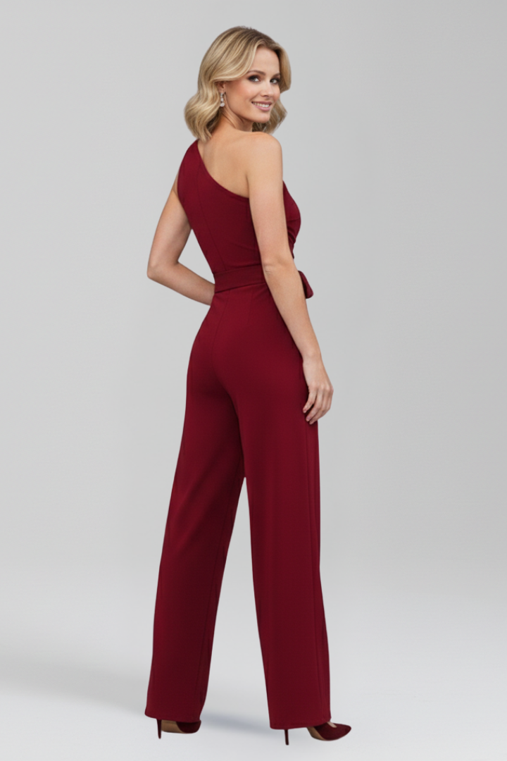 Sleeveless Asymmetric Neckline Wide Leg Jumpsuit with Waist Belt