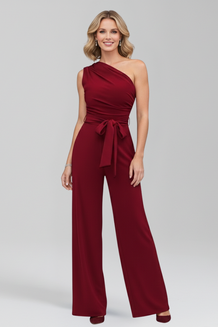 Sleeveless Asymmetric Neckline Wide Leg Jumpsuit with Waist Belt