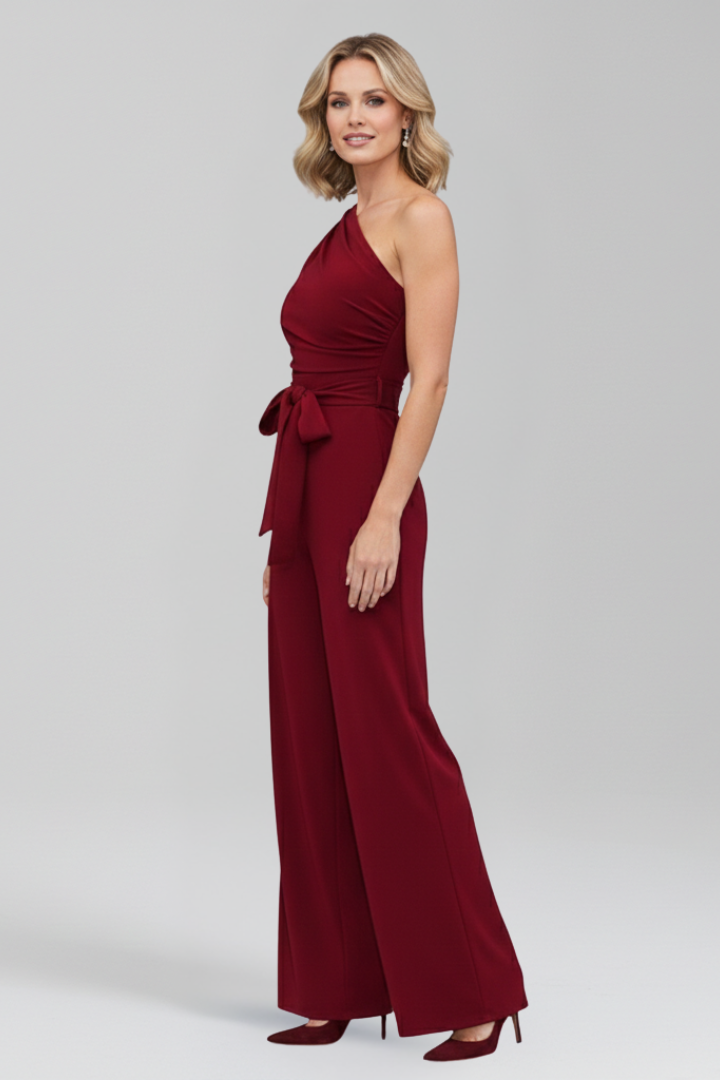 Sleeveless Asymmetric Neckline Wide Leg Jumpsuit with Waist Belt
