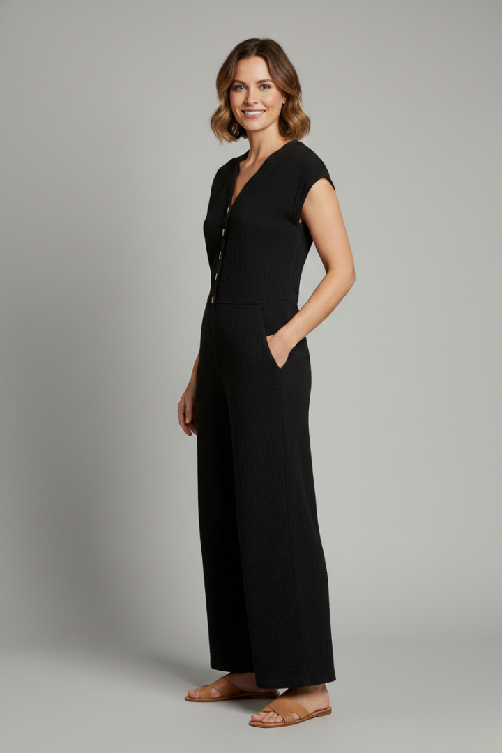 V-Neck Jumpsuit with Front Buttons, Side Pockets, and Wide Legs