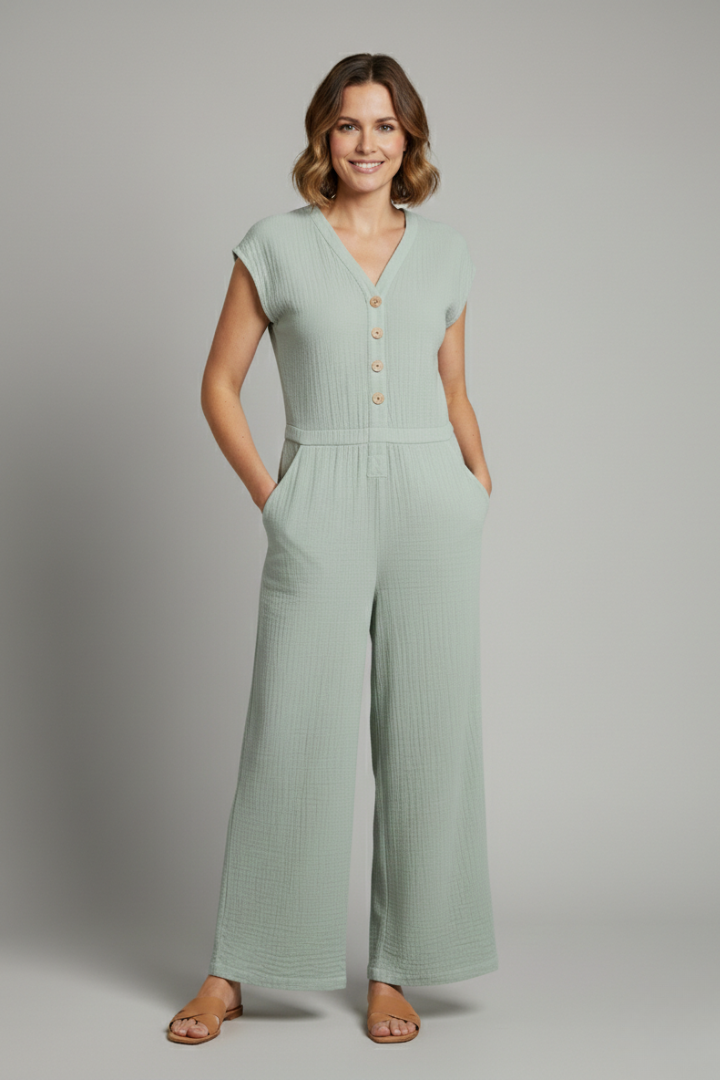 V-Neck Jumpsuit with Front Buttons, Side Pockets, and Wide Legs