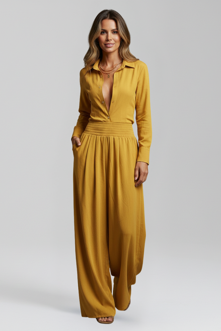 Collared Button Front Jumpsuit with Wide Leg Silhouette