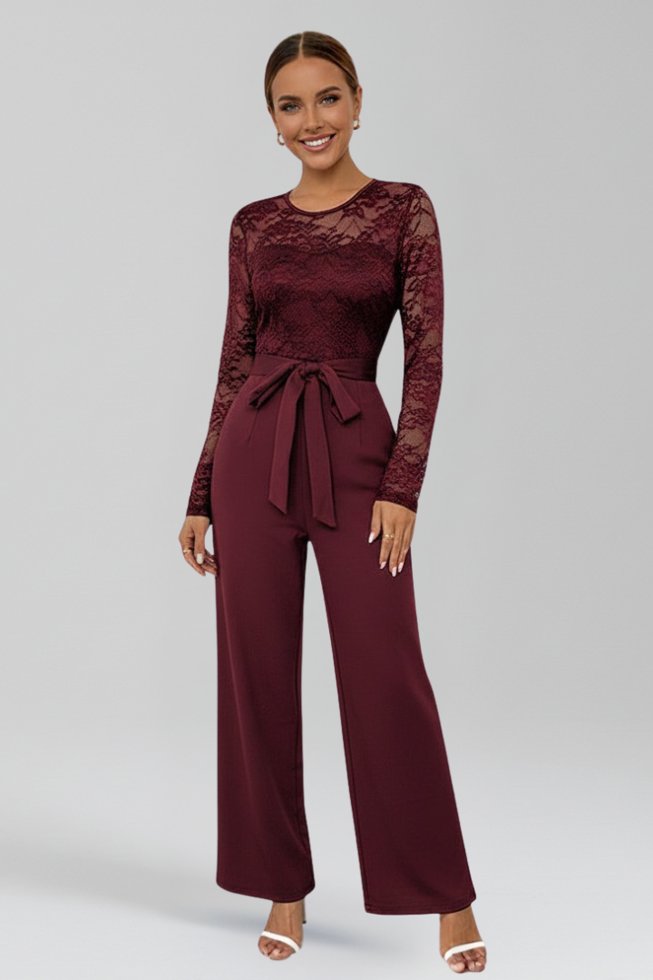 Wide Leg Jumpsuit with Lace Long Sleeves and Tied Waist Belt