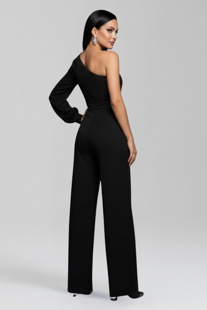 One Shoulder Wide Leg Jumpsuit with Sheer Side Insert