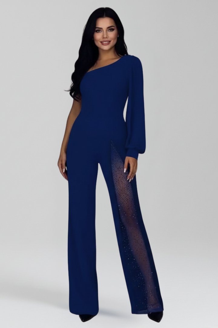 One Shoulder Wide Leg Jumpsuit with Sheer Side Insert