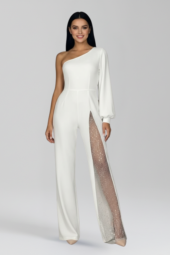 One Shoulder Wide Leg Jumpsuit with Sheer Side Insert