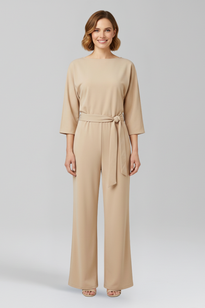 Round Neck Jumpsuit with Loose Sleeves and Tied Waist Belt