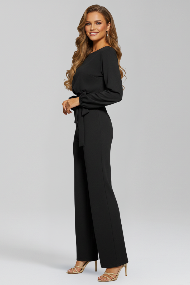 Women’s Long Sleeve Jumpsuit with Round Neck and Waist Tie