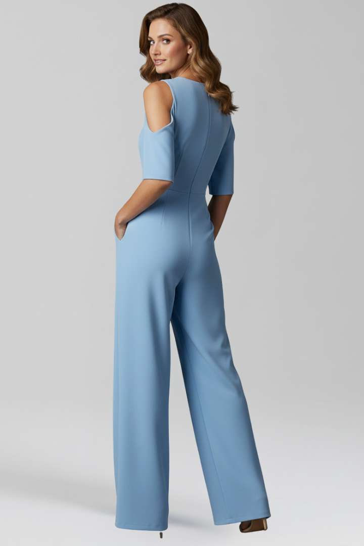 Women’s Short Sleeve Jumpsuit with Round Neck and Wide Legs