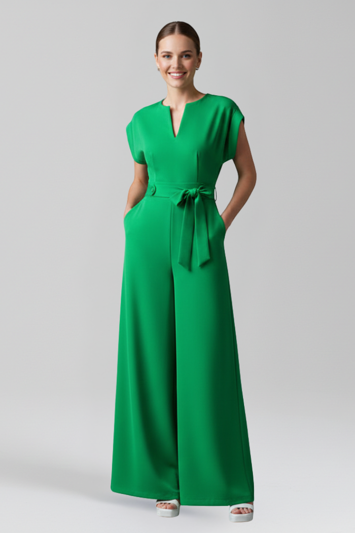 Wide Leg Jumpsuit with V Neckline and Side Pockets