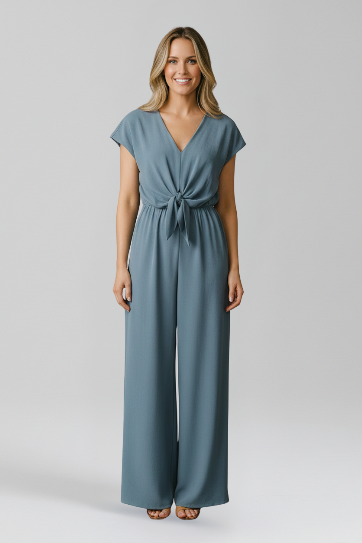 V Neck Wide Leg Jumpsuit with Tied Waist Knot
